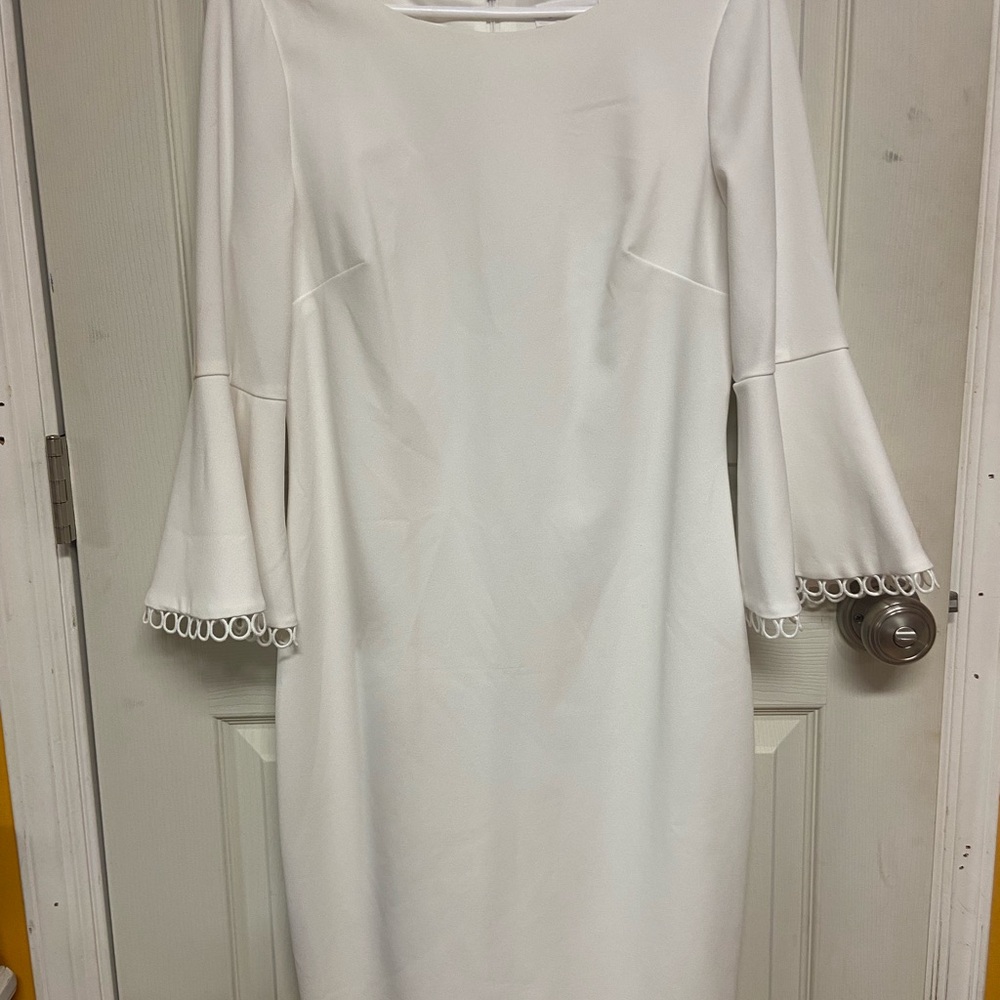 Calvin Klein White Sheath Dress with Bell Sleeves